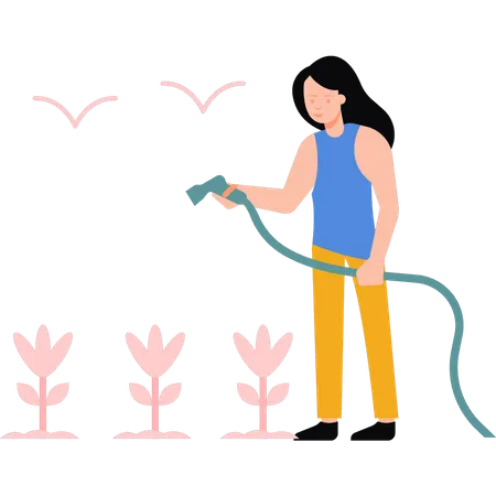 The Girl Is Watering The Plants With A Pipe Illustration