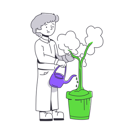 Girl watering potted tree  Illustration