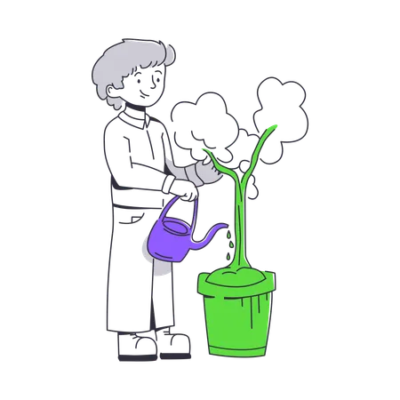 Girl watering potted tree  Illustration