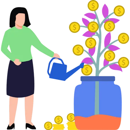 Girl watering the dollar plant  Illustration