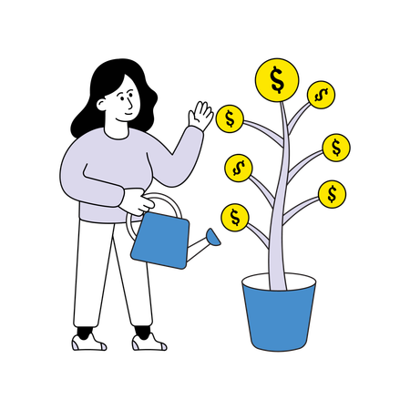 Girl watering to Investment Plant  Illustration