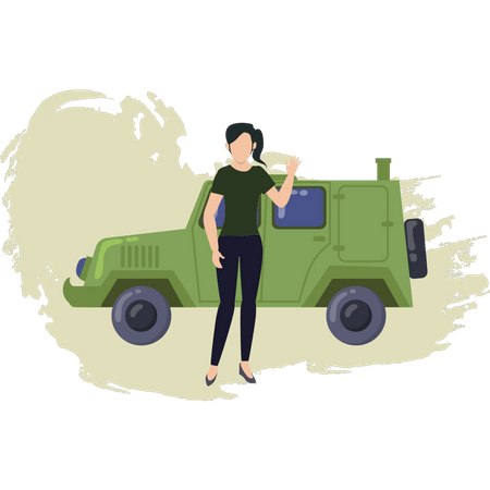 Girl Waving Hand And Standing Near Military Jeep Illustration