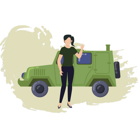 Girl Waving Hand And Standing Near Military Jeep  Illustration