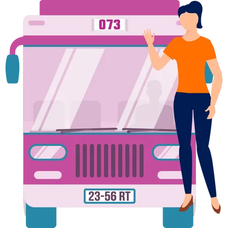 Girl waving hand before boarding bus  Illustration