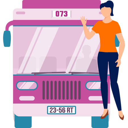 Girl waving hand before boarding bus  Illustration