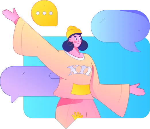 Girl waving hand while doing chatting  Illustration