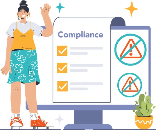 Girl waving hand while showing compliance list  Illustration