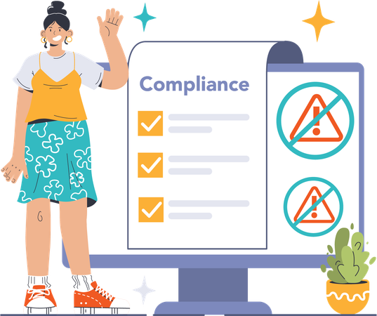 Girl waving hand while showing compliance list  일러스트레이션