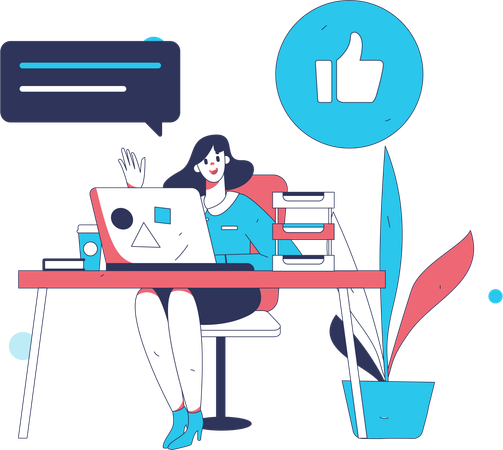 Girl waving hand while working at office  Illustration