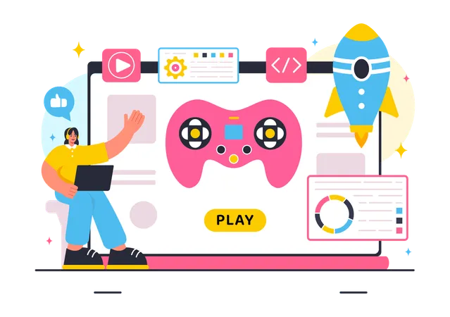 Vector Illustration Of Video Game Development With Games Digital Technology Programming And Coding In A Flat Style Cartoon Background Illustration
