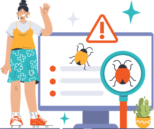 Girl waving hands while getting bug error  Illustration