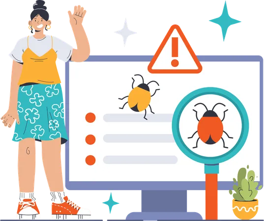 Girl waving hands while getting bug error  Illustration