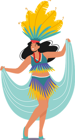 Girl Wear Bright Costume with Feathers Dancing at Carnival in Rio De Janeiro  Illustration