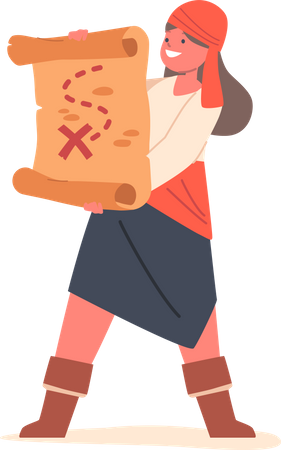 Girl Wear Sailor Suit and Holding Treasure Map  イラスト