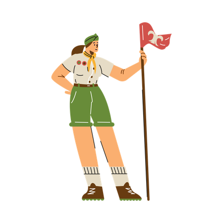 Girl wear scout uniform and holding flag  Illustration