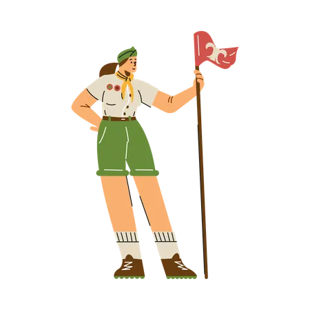Girl wear scout uniform and holding flag  Illustration