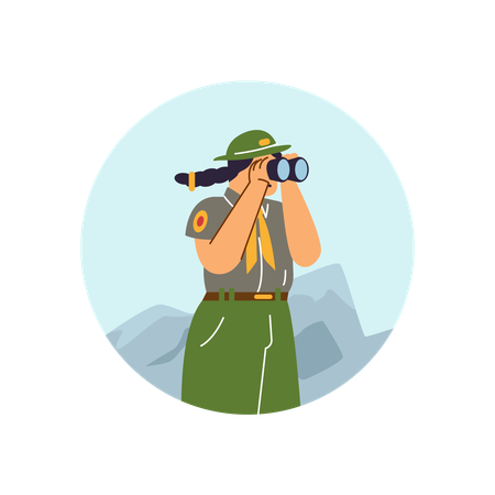 Girl wear scout uniform looking mountains using telescope  Illustration