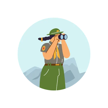 Girl wear scout uniform looking mountains using telescope  Illustration
