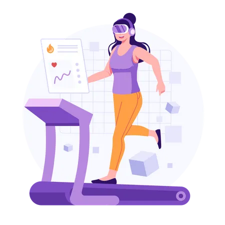 Girl wear vr glass and Running on treadmill  Illustration
