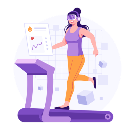 Girl wear vr glass and Running on treadmill  Illustration