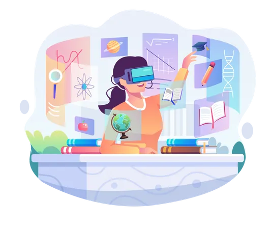 Girl wearing a VR Headset is studying and learning at a desk Illustration
