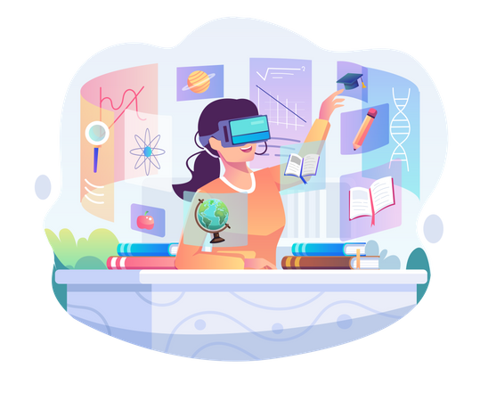 Girl wearing a VR Headset is studying and learning at a desk  Illustration