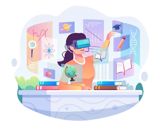 Girl wearing a VR Headset is studying and learning at a desk  Illustration