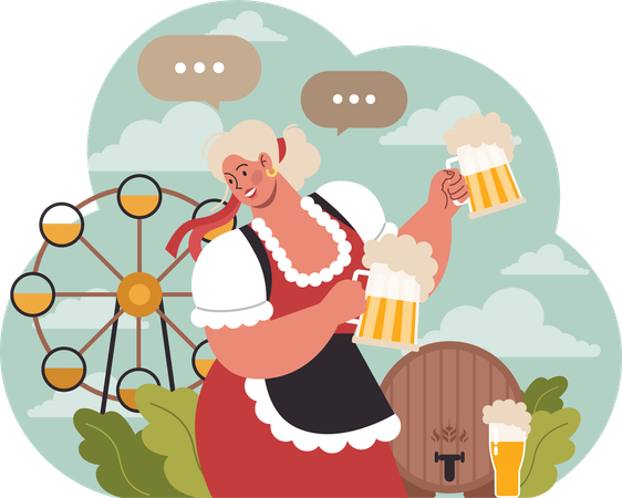 Girl wearing Bavarian Costume Holding Beer Glass  Illustration
