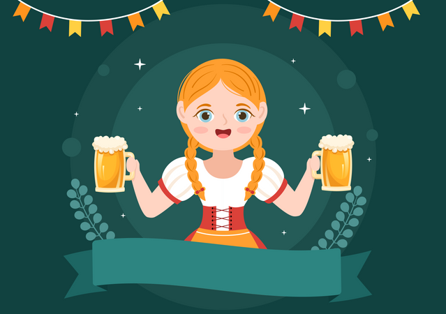 Girl wearing Bavarian Costume Holding Beer Glass  イラスト