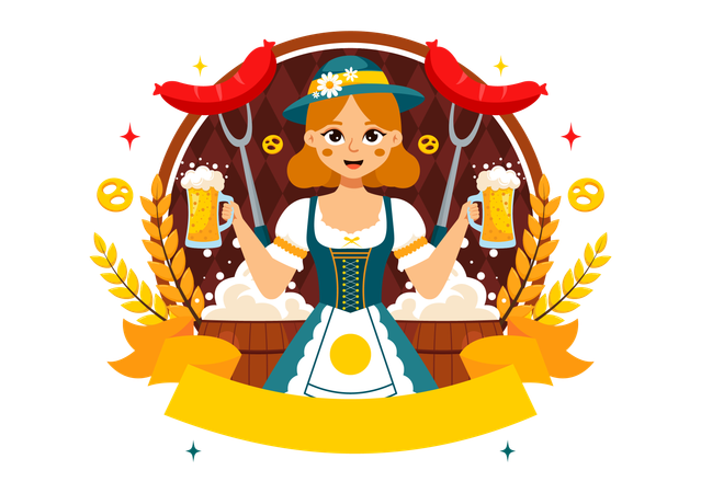 Girl wearing Bavarian Costume Holding Beer Glass and sausage  Illustration