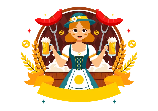 Girl wearing Bavarian Costume Holding Beer Glass and sausage  Illustration