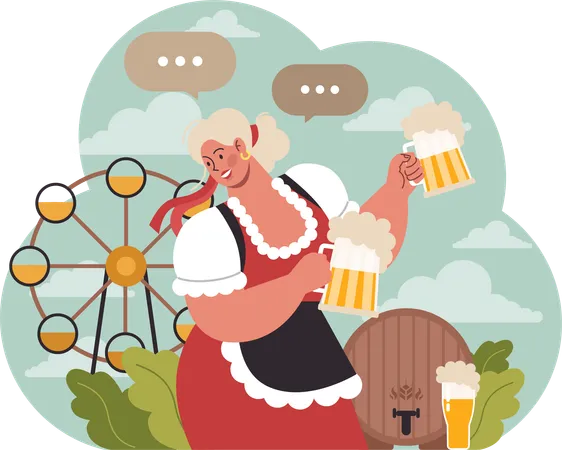 Girl wearing Bavarian Costume Holding Beer Glass  Illustration