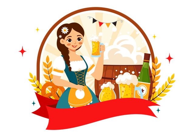 Girl wearing Bavarian Costume Holding Beer Glass  Illustration