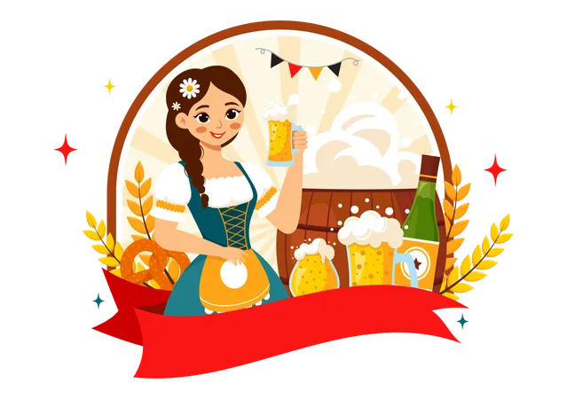 Girl wearing Bavarian Costume Holding Beer Glass  Illustration