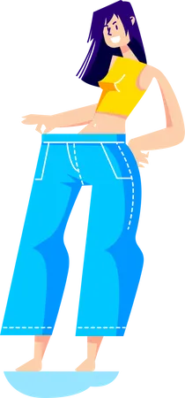 Girl wearing big jeans after weight loss  Illustration