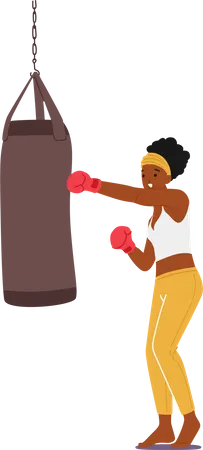 Girl wearing boxing gloves hitting punching bag  Illustration