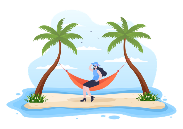 Girl wearing cap and sitting on hammock  Illustration