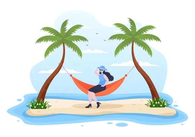 Girl wearing cap and sitting on hammock  Illustration