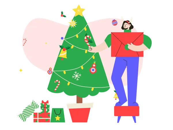 Girl wearing Christmas Costume decorating Christmas tree  Illustration