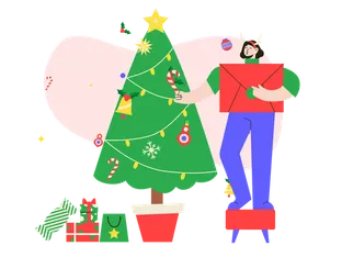 Girl wearing Christmas Costume decorating Christmas tree