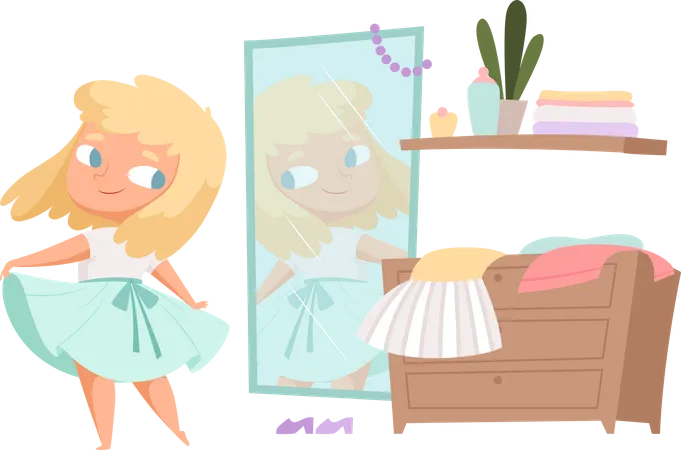 Girl wearing dress and looking in mirror Illustration