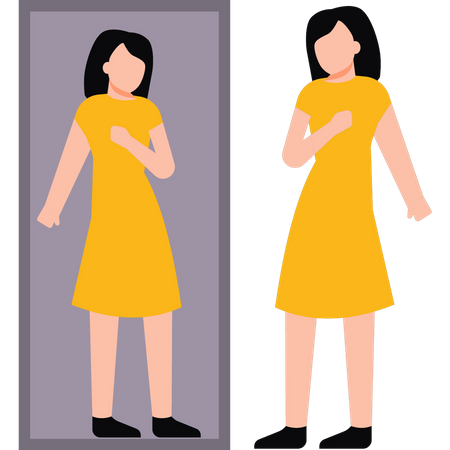 Girl wearing dress and looking in mirror  Illustration
