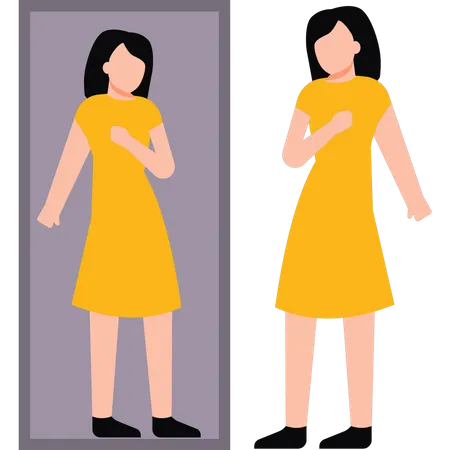 Girl wearing dress and looking in mirror  Illustration