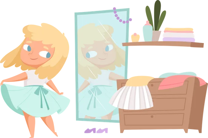 Girl wearing dress and looking in mirror  Illustration