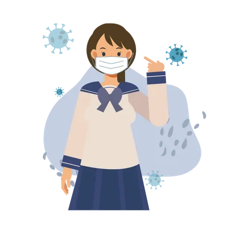 Covid 19 Concept Female Japanese Student Is Showing That He Is Wearing Medical Mask Flat Vector Cartoon Character Illustration Illustration