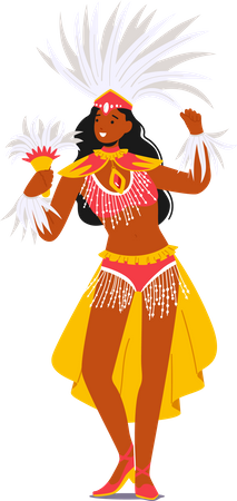 Girl Wearing Festival Costume with Feathers Dancing at Carnival in Rio De Janeiro  Illustration