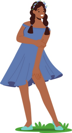 Girl Wearing Flower Wreath And Blue Dress  Illustration