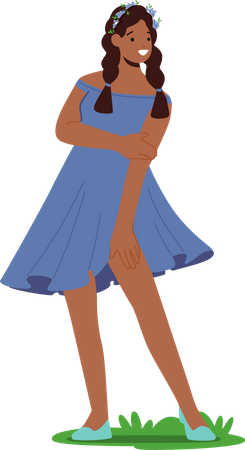 Girl Wearing Flower Wreath And Blue Dress  Illustration