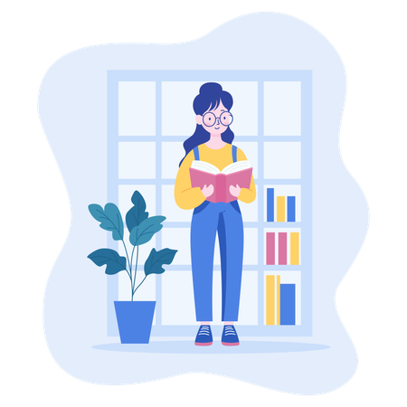 Girl Wearing Glasses Reading a Book in the Library  Illustration