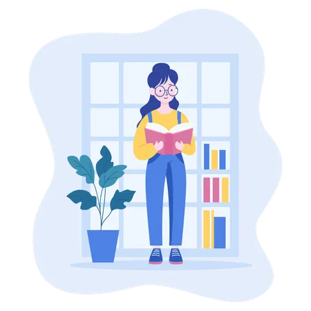 Girl Wearing Glasses Reading a Book in the Library  Illustration